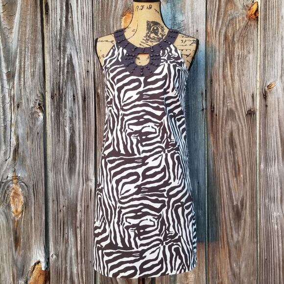 Zebra Print Dress LOFT Size 0 Brown White Stretch Sleeveless Beaded Collar - Picture 2 of 9